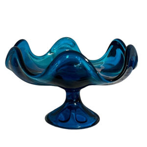 Epic Six Petal Bluenique Viking Swung Glass Blue Compote Mid Century Vintage